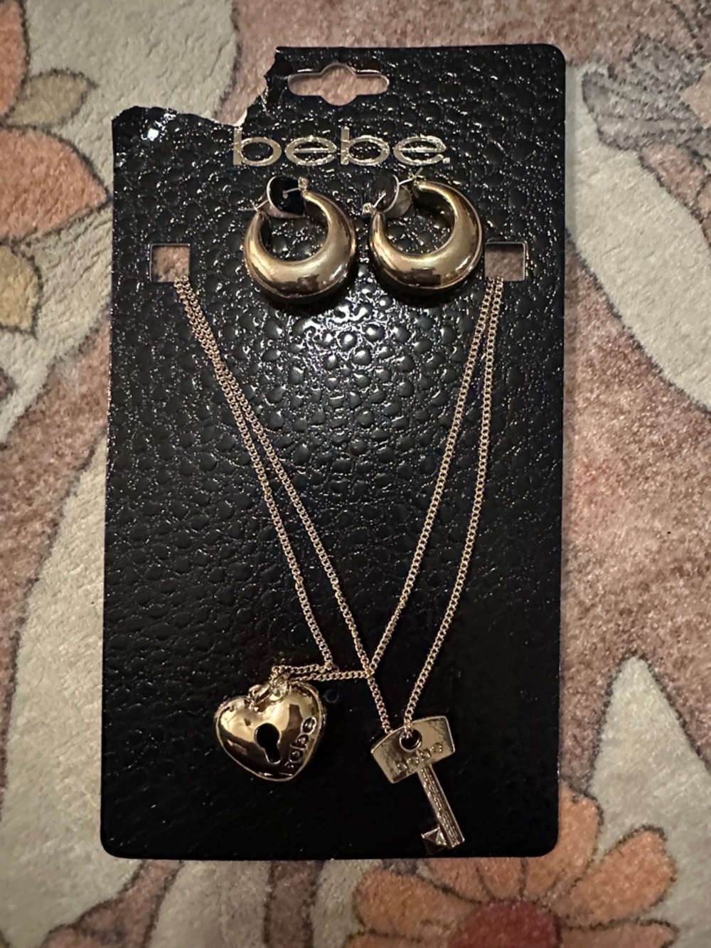 bebe Gold-Tone Layered Heart Padlock & Key Necklace with Hoop Earrings